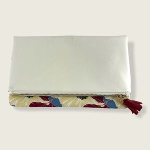 Rachel Pally Cream Blue Floral Vegan Fold Over Reversible Tassel Zip Clutch